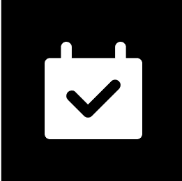 A black calendar icon with a white check mark in the center, indicating a completed or confirmed event.