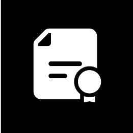 A white icon of a document with text lines and a certification badge on a black background.