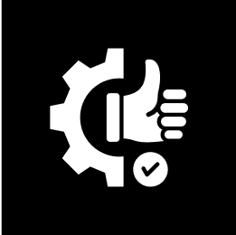 White gear and thumbs-up icon combined, with a small checkmark in a circle below, on a black background.