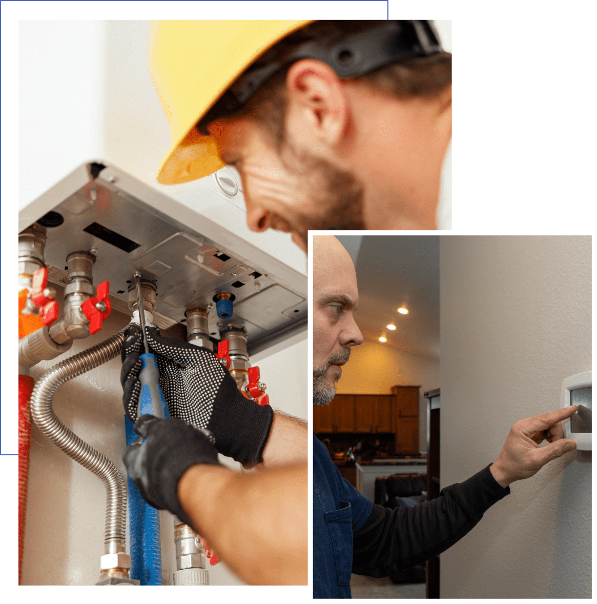 A worker repairs a heating unit with a screwdriver, while another person adjusts a wall-mounted thermostat in a home.