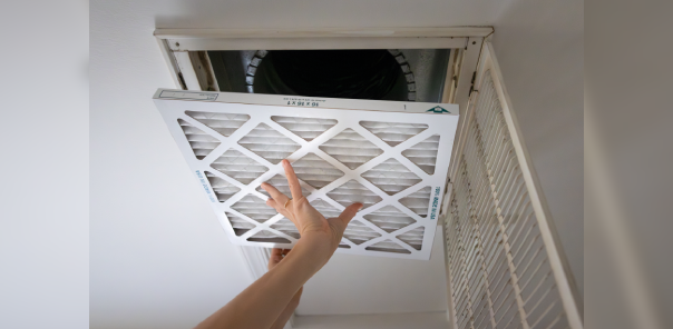 A person is reaching for the air filter.